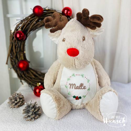 Personalisiertes Stofftier mit Tasche | Rentier Kuscheltier mit Namen | Weihnachtsgeschenk für Kinder | Geschenk zu Weih