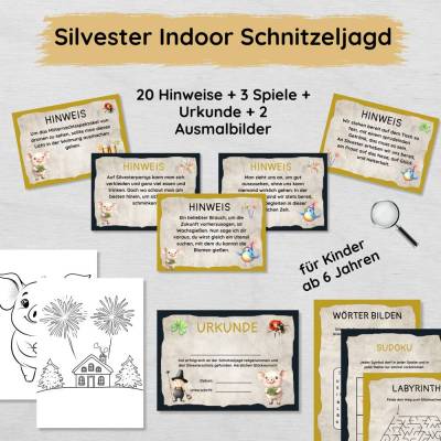 Silvester Indoor Schnitzeljagd Set für Kinder mit 20 Hinweisen, Urkunde, Spielen & Ausmalbildern