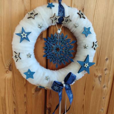 Advents Türkranz Türdeko Wandkranz Schneeflocke Blau 30cm