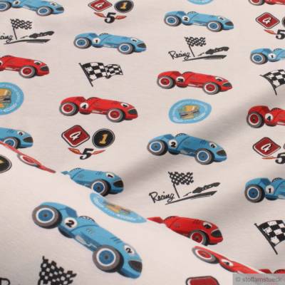 0,5 Meter Stoff Kinderstoff Baumwolle Elastan Single Jersey off-white Rennauto Auto weich