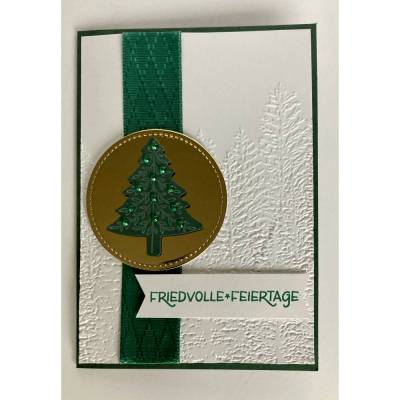 Weihnachtskarte in Grün,Gold,Weiß mit Weihnachtsbaum geprägt Hochformat DIN A6