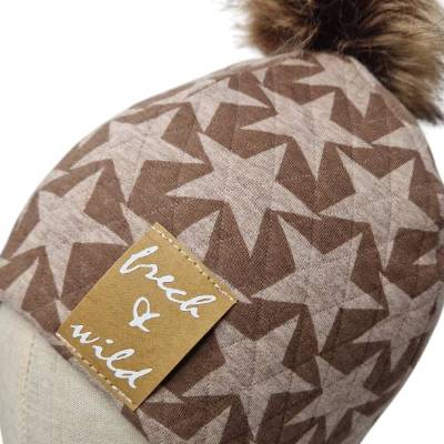 Handgemachte Bommel-Mütze mit Dreieckstuch – Sternen-Design, Größe 52+ cm, vegan, warm & kuschelig