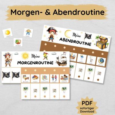 Piraten Morgenroutine und Abendroutine Plan für Kinder, PDF Jungs Routineplan zum Ausdrucken