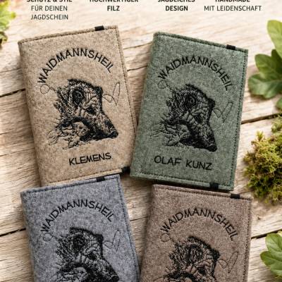 Personalisierte Jagdscheinhülle aus Filz mit Wildschwein | Jagdschein Etui | Waidmannsheil | Geschenk für Jäger | WBK