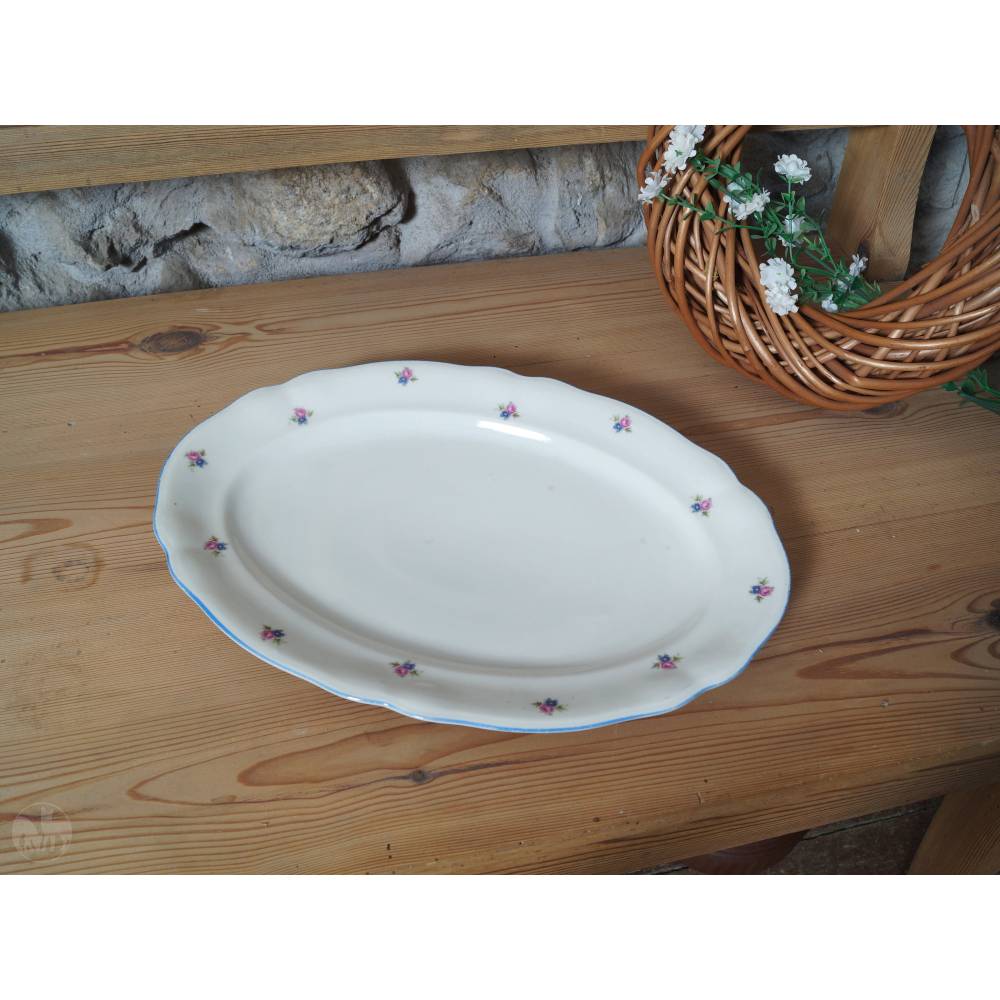 Ovale Servierplatte Porzellanplatte altweiß Blümchen blauer Rand Gebrüder Benedikt Vorlegeplatte Kuchenplatte Obstteller