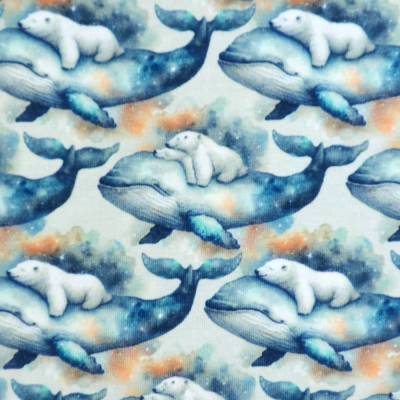 ♕ Jersey mit Eisbär Lars und Wal weiß hellblau 50 x 150 cm Nähen Stoff ♕