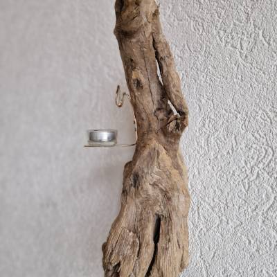 Teelichthalter T1 mit Schwemmholz vom Forgensee Halter aus Silberlöffel
