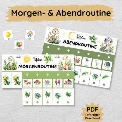 Dino Morgenroutine und Abendroutine Plan für Kinder zum Ausdrucken, PDF Jungs Routineplan