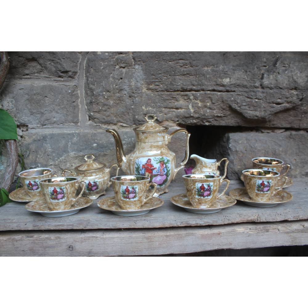 15 tlg. Prunk Kaffeeservice Barockstil hellbraun Perlmutt Goldauflage Watteaumalerei Walbrzych Porzellan Vintage Polen