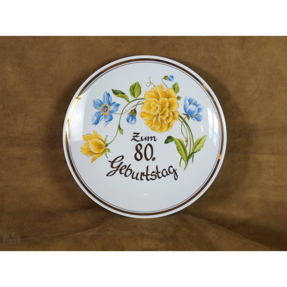 Geburtstagsteller 80te Geburtstag Glückwunschteller Jubiläumsteller 80 Jahre Porzellan 1944 geboren D 23 cm Chrysantheme