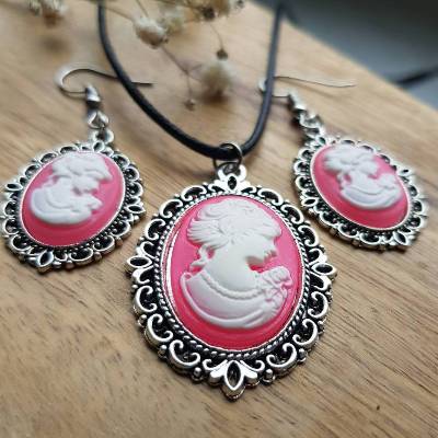 Kamee pink Schmuckset Hängeohrringe und Kette silberfarbe Cameo Gemme
