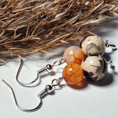Damenohrringe Orange Venenachat & Flamme Blume Jaspis mit versilberten Haken – Handgemachter Edelsteinschmuck