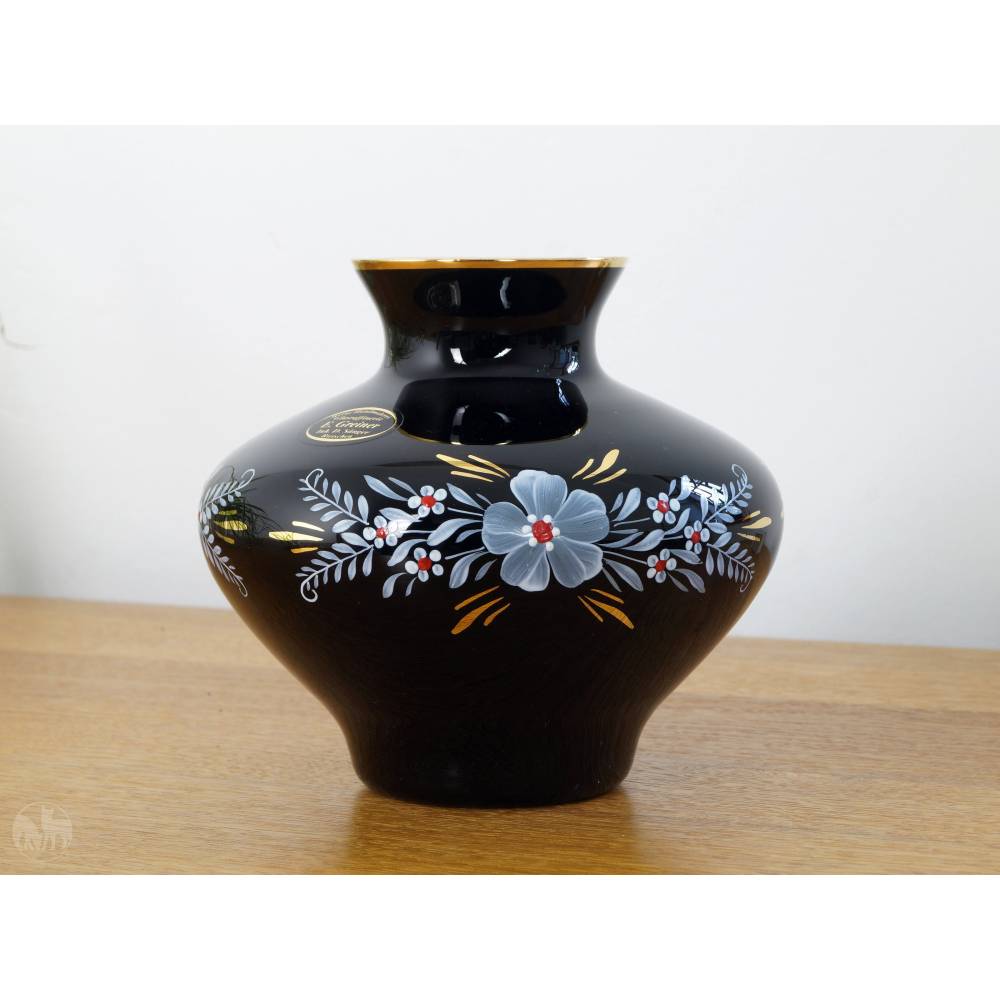 Blumenvase schwarzes Glas Tischvase schwarzes Hyalithglas Schwarzglas Vase Glasvase Blumendekor handgemalt weiß rot Gold