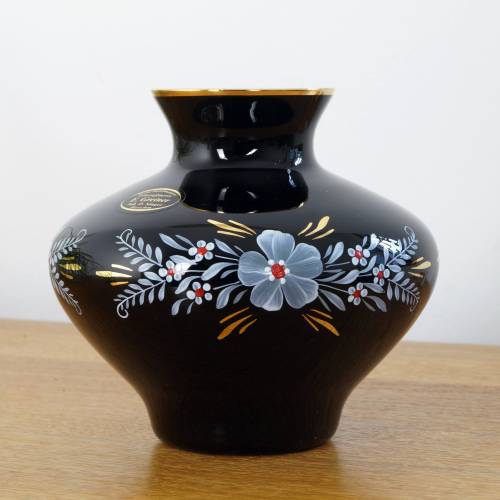Blumenvase schwarzes Glas Tischvase schwarzes Hyalithglas Schwarzglas Vase Glasvase Blumendekor handgemalt weiß rot Gold
