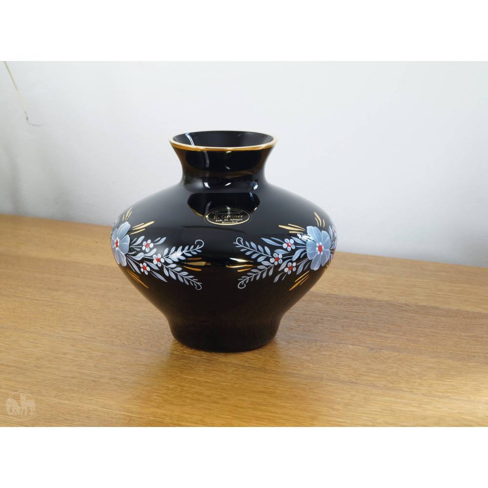 Blumenvase schwarzes Glas Tischvase schwarzes Hyalithglas Schwarzglas Vase Glasvase Blumendekor handgemalt weiß rot Gold