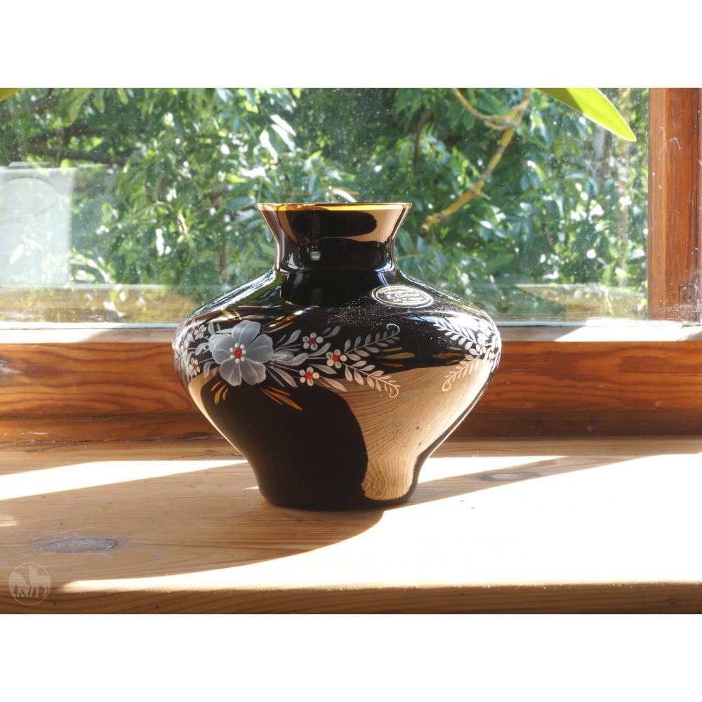 Blumenvase schwarzes Glas Tischvase schwarzes Hyalithglas Schwarzglas Vase Glasvase Blumendekor handgemalt weiß rot Gold