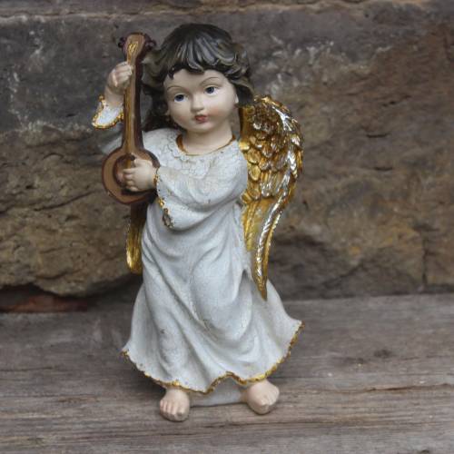 Engel mit Laute Weihnachtsengel mit Goldglitzer Flügeln Resin Kunstharz Vintage