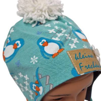 Bommel-Mütze mit Dreieckstuch „Pinguin“ – Handgemachtes Set für Mädchen, Kopfumfang 50 cm, türkis