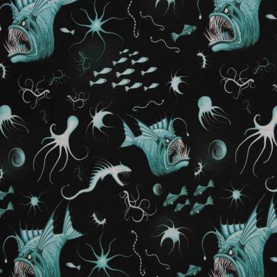 ♕ Alpenfleece Stoff mit Fische Tiefsee schwarz petrol 50 x 147 cm Kuschelsweat ♕