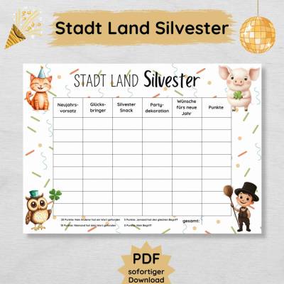 Stadt Land Silvester Spielvorlage für die ganze Familie, lustiges Partyspiel mit Kindern am Silvesterabend 