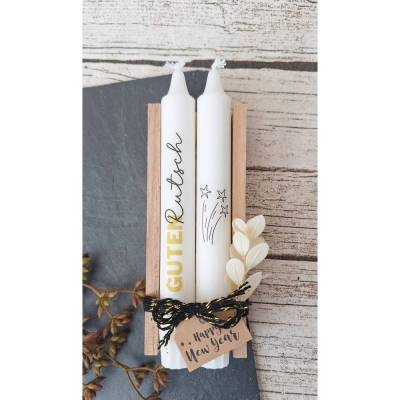 2 Stabkerzen im Set in einer Eichen-Holzbox ~ Kerzen "Guten Rutsch" ~ Deko Kerze ~ Geschenkkerzen