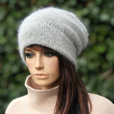 Strickmütze, Wolle, Mohair, hellgrau, Beanie, Mütze, Hipster, slouch, Wintermütze, gestrickt 