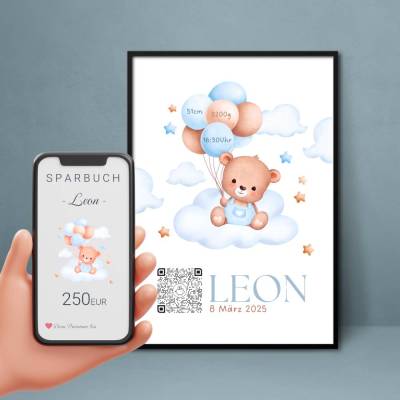 Geldgeschenk zur Geburt | Digitales Sparbuch | Personalisiertes QrCode Bild | Motiv Geburt Blau