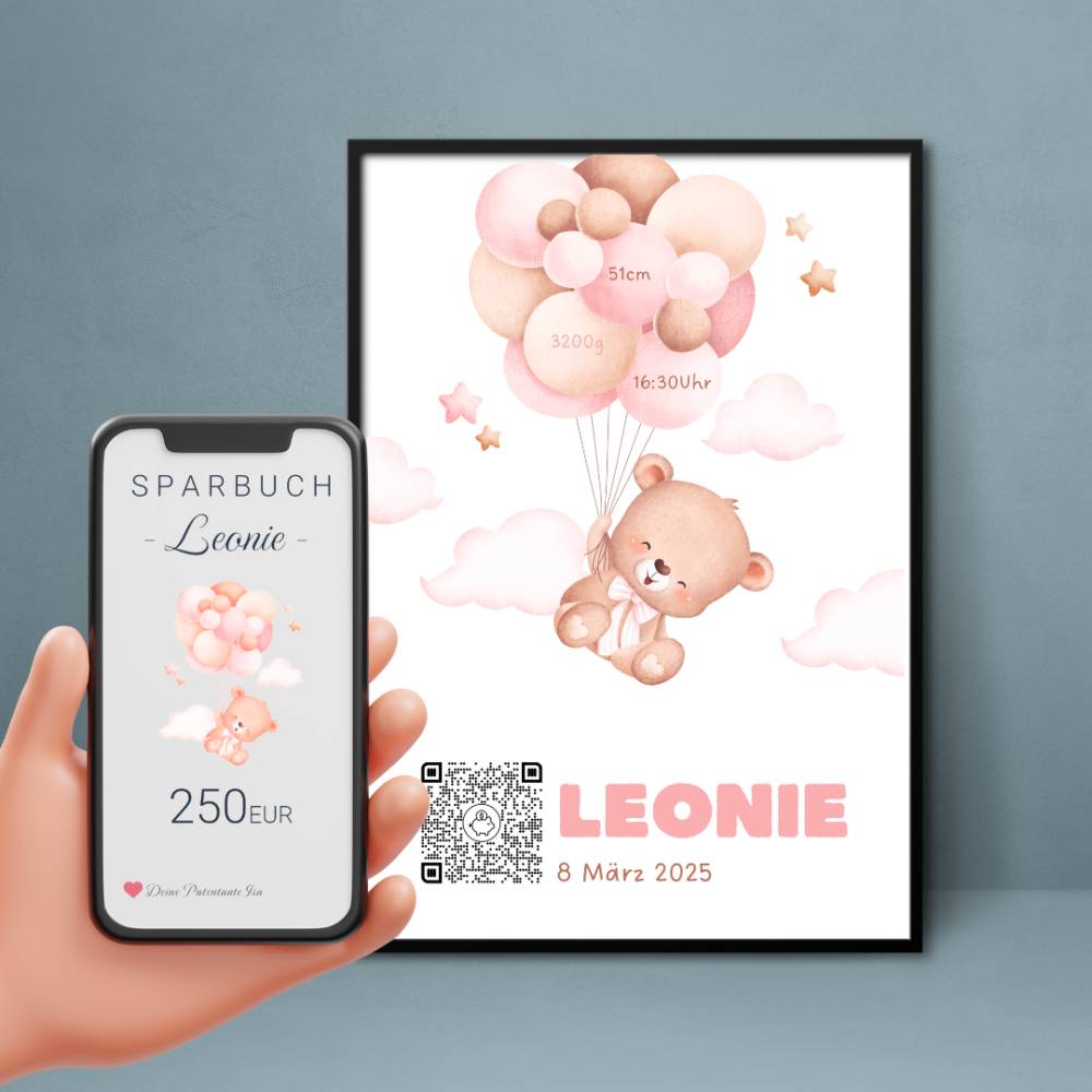Baby Geldgeschenk | Digitales Sparkonto | Personalisiertes QrCode Bild | Motiv Geburt Rosa Bild 1