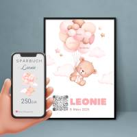 Baby Geldgeschenk | Digitales Sparkonto | Personalisiertes QrCode Bild | Motiv Geburt Rosa