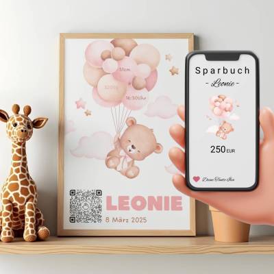 Baby Geldgeschenk | Digitales Sparkonto | Personalisiertes QrCode Bild | Motiv Geburt Rosa