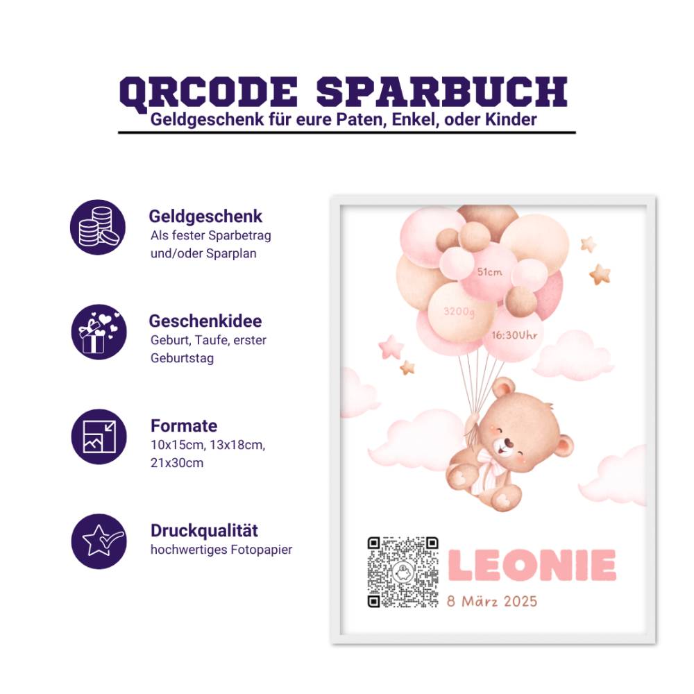 Baby Geldgeschenk | Digitales Sparkonto | Personalisiertes QrCode Bild | Motiv Geburt Rosa Bild 2