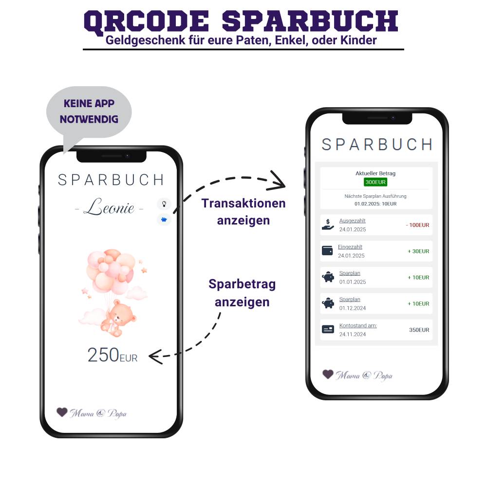 Baby Geldgeschenk | Digitales Sparkonto | Personalisiertes QrCode Bild | Motiv Geburt Rosa Bild 5