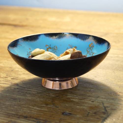 Mid Century Emaille Schale rund kleine Konfektschale Snackschale emailliert Schmuckschale Blau & Kupfer DDR 60er