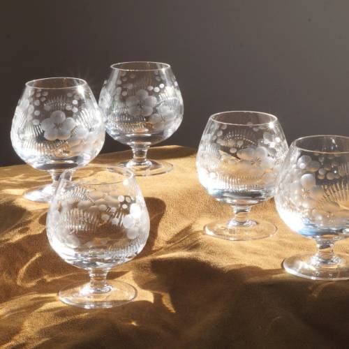 Cognacglas 5er Set Cognacschwenker transparaent fünf vintage Brandygläser Kristallglas Weinbrandglas Blumendekor Schliff