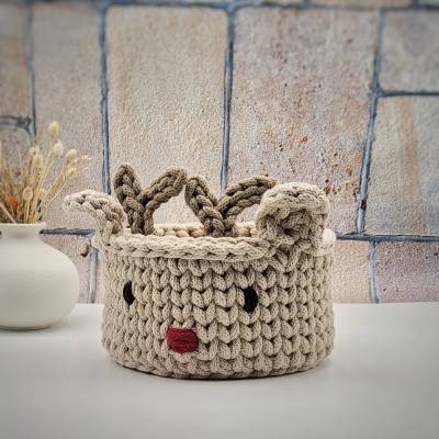 Häkelkorb mit Rentiergesicht – handgemachte Weihnachtsdeko, Nikolauskorb oder Geschenkkorb Weihnachten