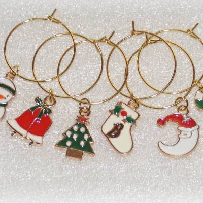 6 Glasmarkierer weihnachtlich, Glasmarker emailliert Pinguin Tannenbaum Glocke