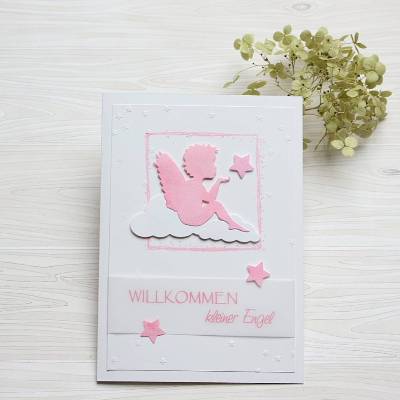 Handgemachte Karte zur Geburt  – Glückwunschkarte mit Engel, Sterne & Aquarell in Rosa für Mädchen