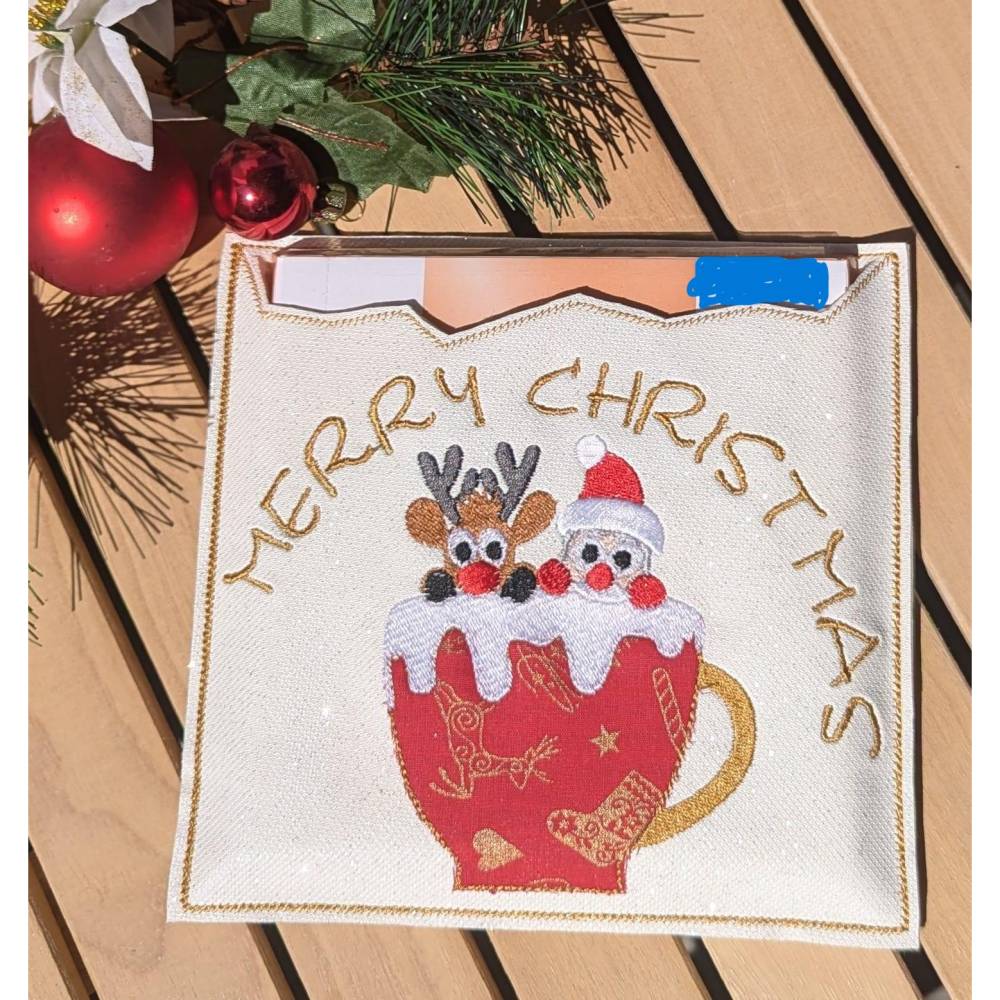 Schokohülle Tasse Weihnachtsmann und Rentier 20x20 cm Bild 1