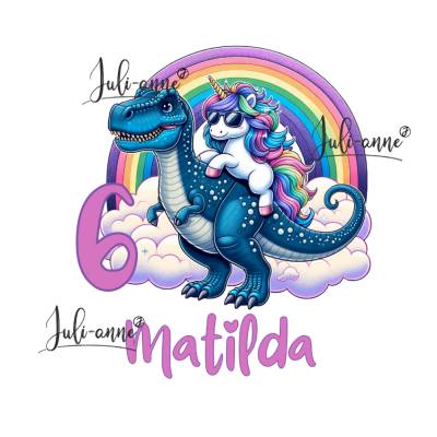 Bügelbild GEBURTSTAG cooles Einhorn auf T-Rex personalisiert Zahl & Name