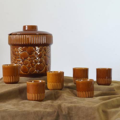 Bowle-Set Topf 6 Becher Rumtopf Keramiktopf mit Deckel braun Trink Set 8-teilig Bowle Service mit Becher DDR Elsterwerda