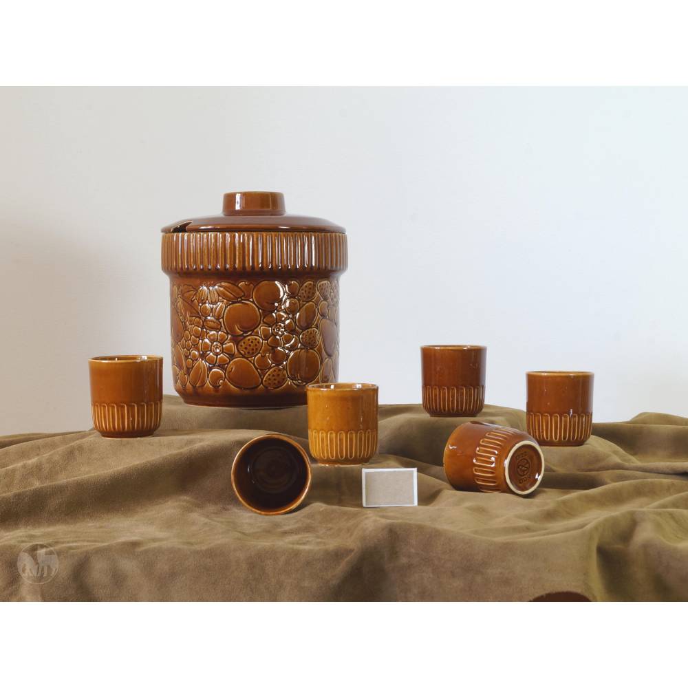 Bowle-Set Topf 6 Becher Rumtopf Keramiktopf mit Deckel braun Trink Set 8-teilig Bowle Service mit Becher DDR Elsterwerda