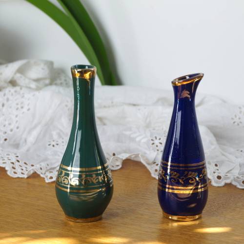 Monofleur 2er-Set Blumenvase mit Goldrand 2 kleine vintage Tischvasen Kobaldblau grün 13 cm H Solifleur Vase Mid Century