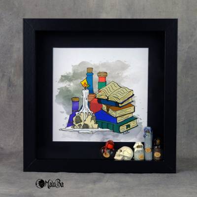 Objektbild Alchemie – Magisches Wandbild mit Elixier-Fläschchen & Totenschädel im Objektrahmen