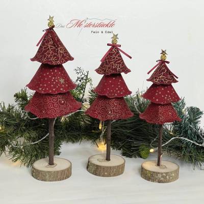 Handgemachter Deko Tannenbaum aus Stoff – Weihnachtsaufsteller in Rot mit Gold – 3 Größen