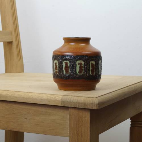 Kleine Blumenvase rund 10 cm H vintage Tischvase aus Keramik mit Fat Lava Glasur Boho Solitärvase Mid Century Landhaus