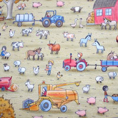 Jersey | Bauernhof | Stoffonkel | Tiere | Baumwolljersey | Kinderstoff | Bekleidungsstoff | Kinderstoff | gelb