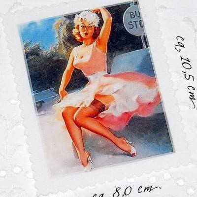 Patches Aufnäher Stoffbild Applikation Vintage Pin up Girl Sommer Bus Stop