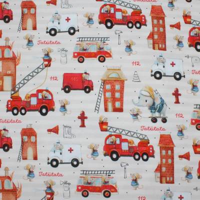 Jersey | Stoffonkel | Feuerwehr | tatütata | Baumwolljersey | Kinderstoff | Bekleidungsstoff | Kindermotiv | creme