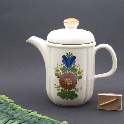 Kaffeekanne Kanne VEB Torgau DDR 1,3 L große Kakaokanne mit Deckel Kaffeegeschirr Blumendekor 70er Kaffeetafel Frühstück