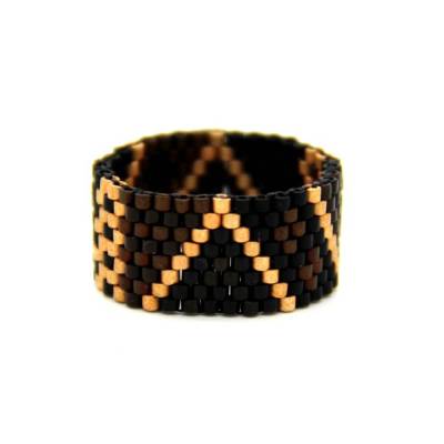 Miyuki-Delica-Glasperlen-Ring in Gold-, Schwarz- und Braun-Nuancen, breiter Bandring, Peyote, flexibler Perlenring